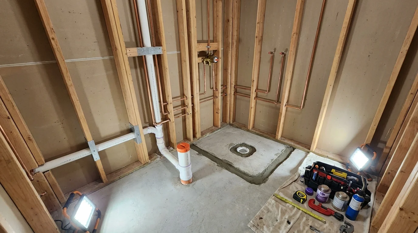 Bathroom rough-in plumbing during remodel by Johns Plumbing LLC in Silverdale