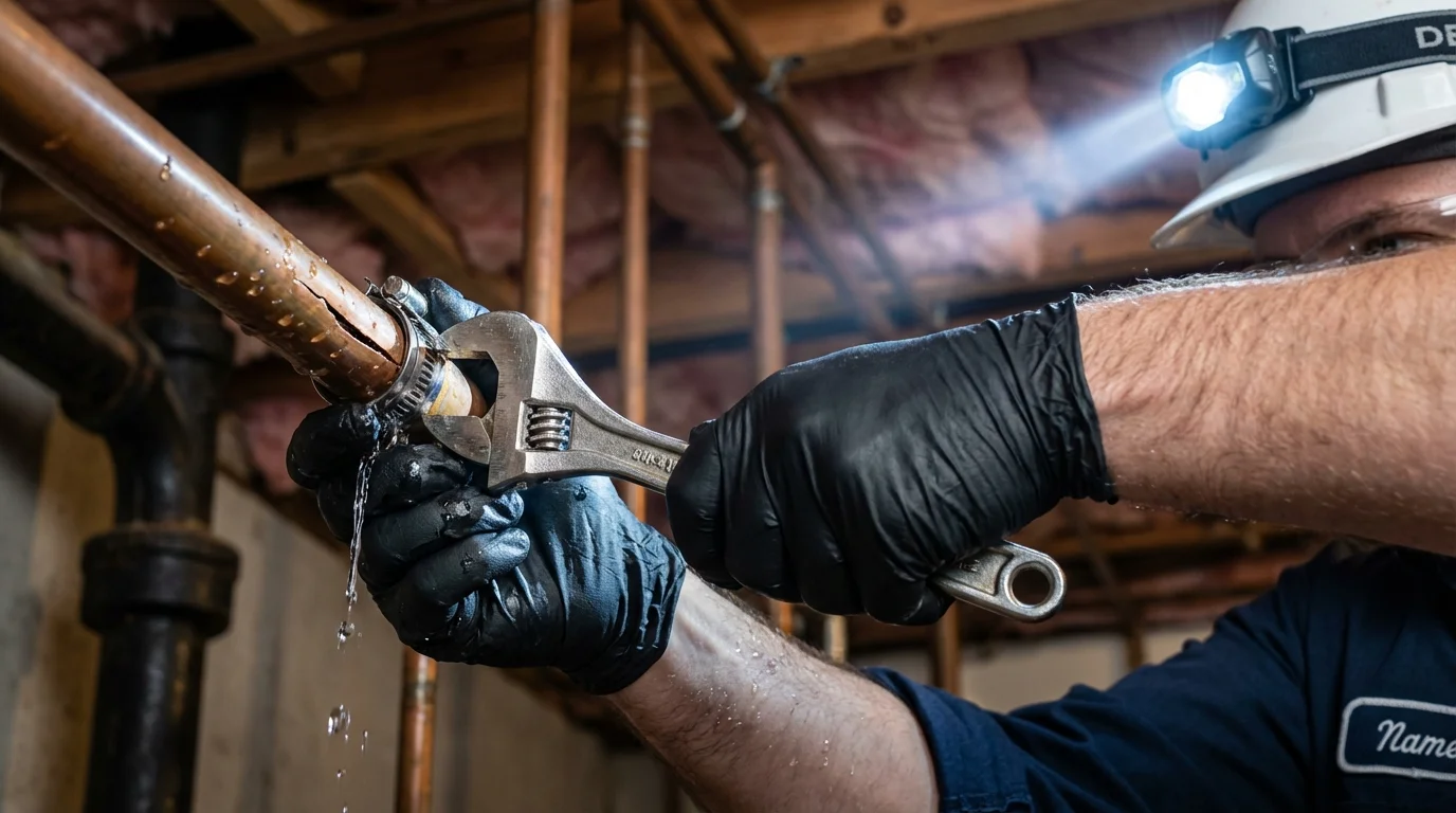 Emergency pipe clamp repair being performed by a Johns Plumbing LLC plumber in Silverdale