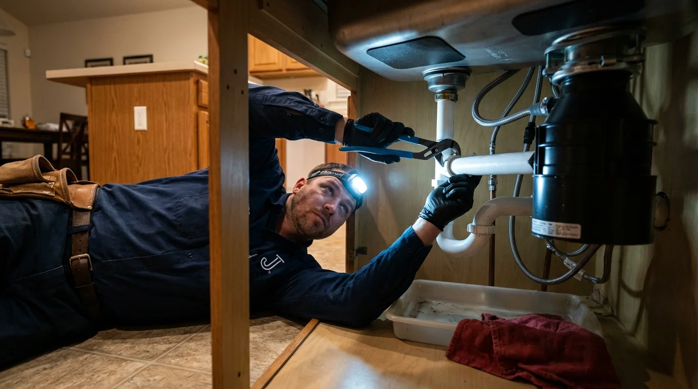 P-trap and supply line connections under a kitchen sink showing a common leak point in Silverdale, WA